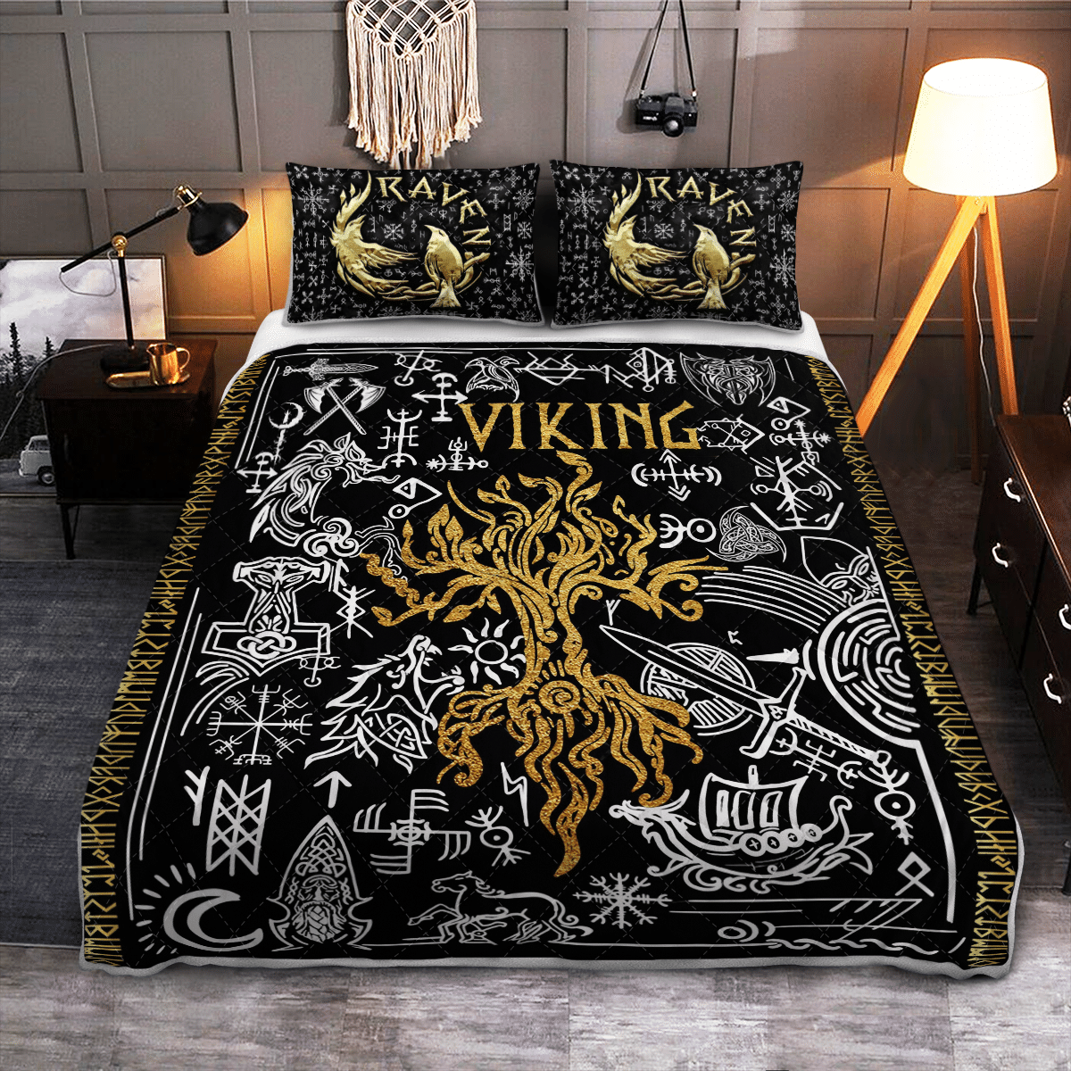 Viking Quilt Bed Set - Fenrir Wolf With Norse Pattern - Viking Quilt Bedding Set RLT12 - Wonder Print Shop