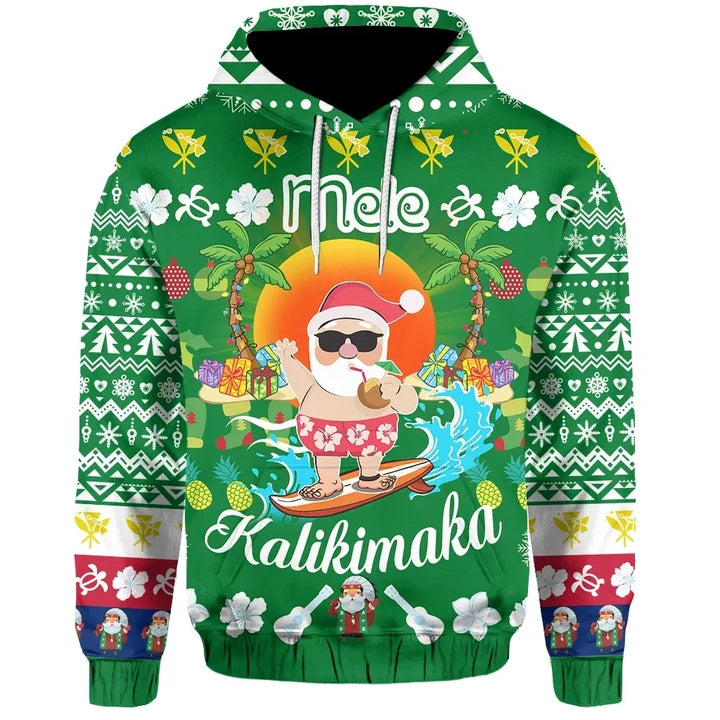 Hawaii Mele Kalikimaka Santa Claus Pattern Christmas Hoodie Green Labo Style RLT13 - Wonder Print Shop