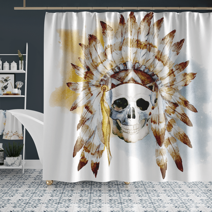 Skull chief shower curtain with feather headdress and skull graphic on white