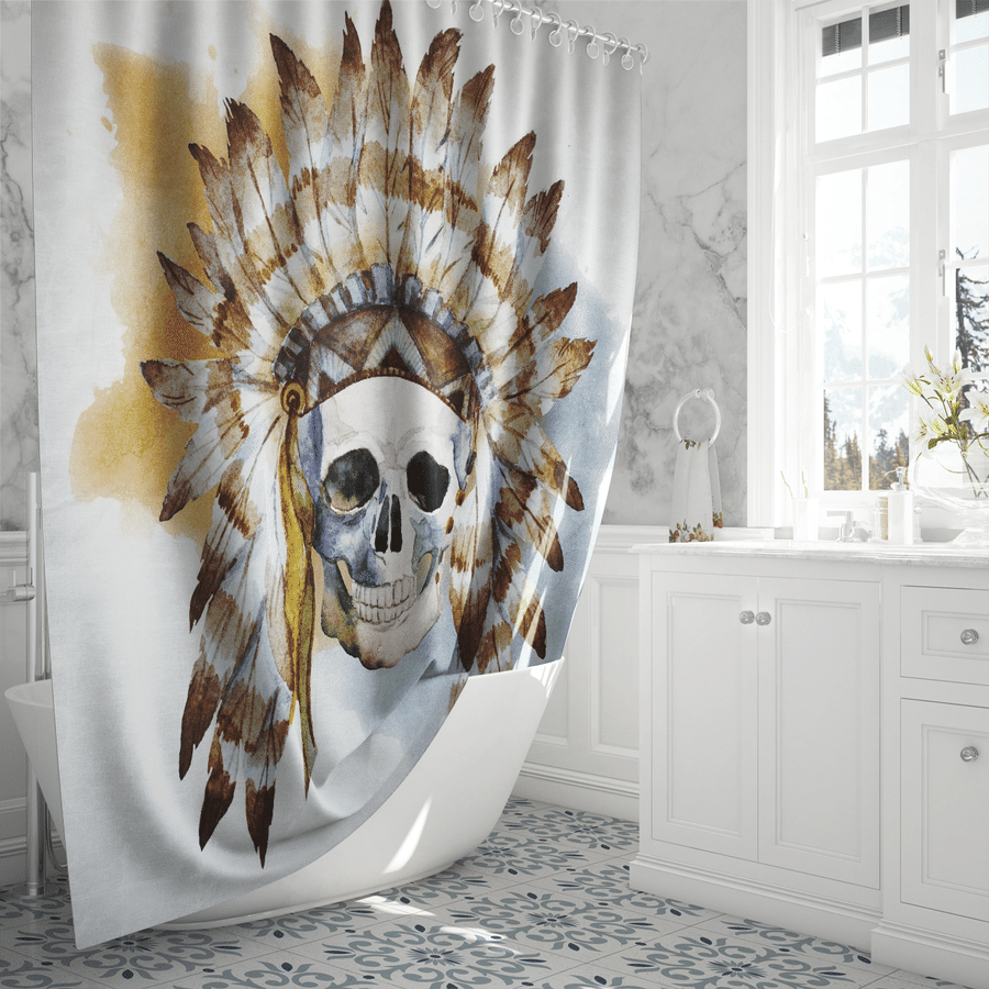 Skull chief shower curtain with large feathered headdress skull print, white fabric
