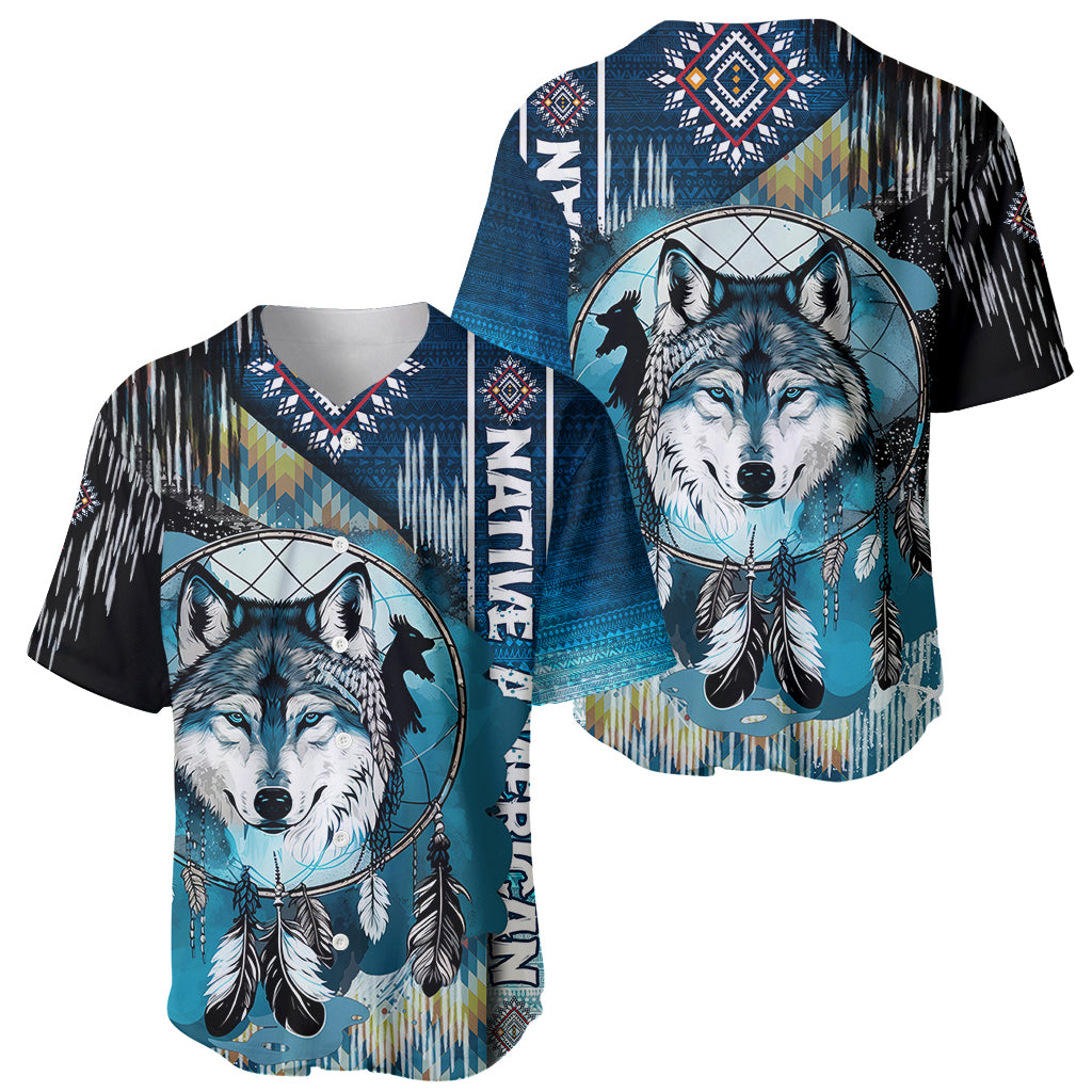 Native American Wolf Dreamcatcher Blue Baseball Jersey - Wonder Print Shop