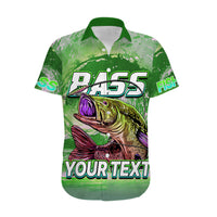 Green Hawaiian shirt with bass fish graphic and 'BASS', 'FISH', 'YOUR TEXT' print