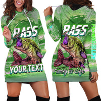 Green hoodie dress, pullover hood with graphic bass fish and stylized fishing text