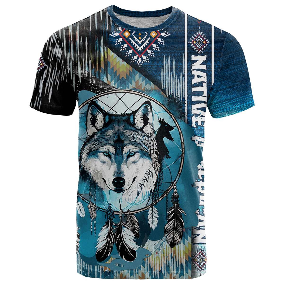 Native American Wolf Dreamcatcher Blue T Shirt - Wonder Print Shop