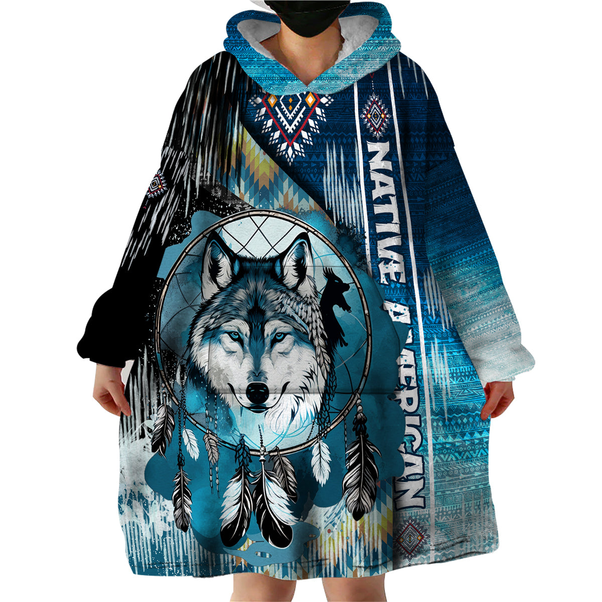 Native American Wolf Dreamcatcher Blue Wearable Blanket Hoodie - Wonder Print Shop