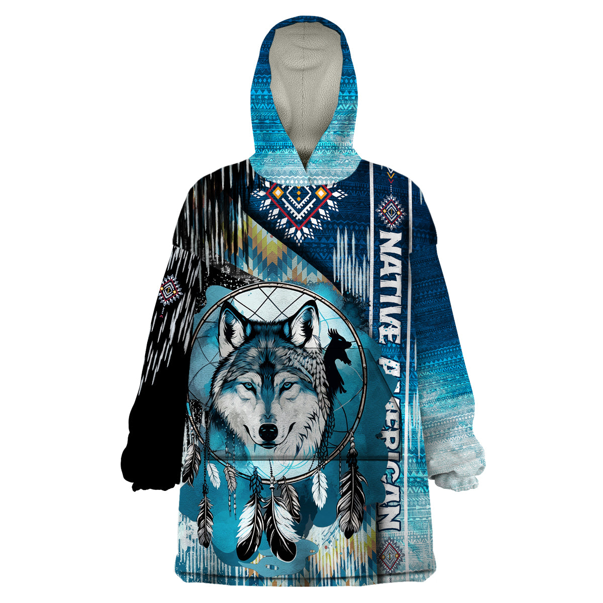 Native American Wolf Dreamcatcher Blue Wearable Blanket Hoodie - Wonder Print Shop