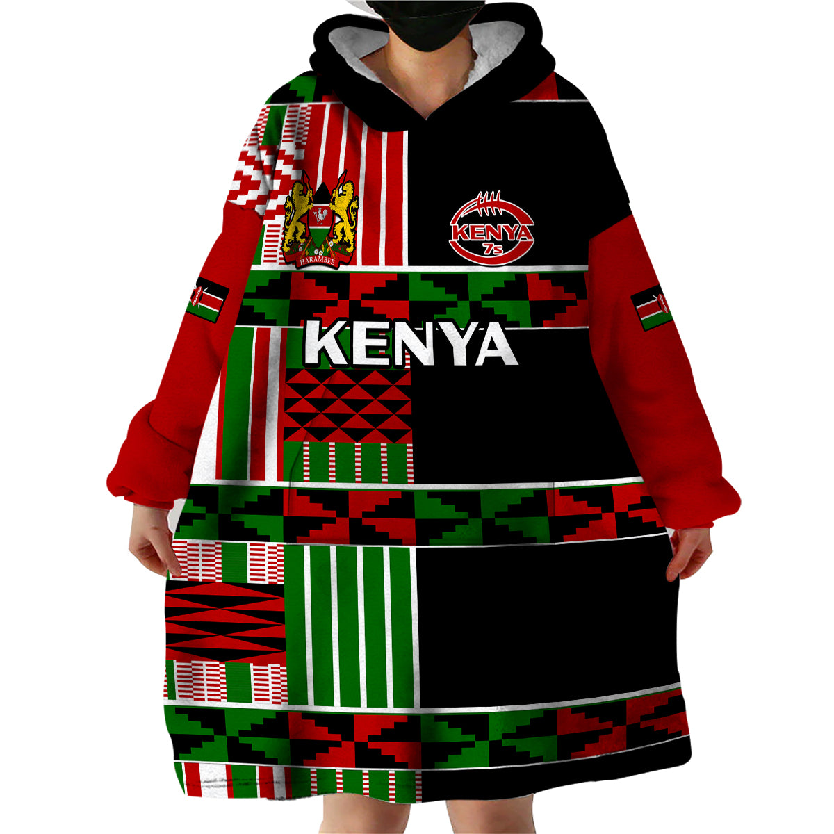 (Custom Text And Number) Kenya Rugby Sevens Kenyan Pattern Version Wearable Blanket Hoodie - Wonder Print Shop
