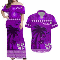 Personalised Bula Fiji Matching Hawaiian Shirt And Dress Fijian Tapa with Palm Tree Purple LT13 - Wonder Print Shop