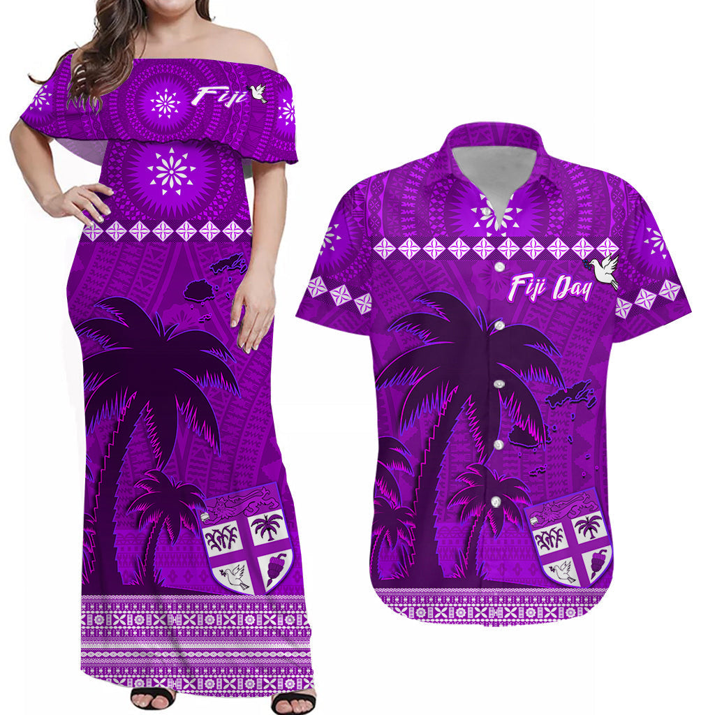 Personalised Bula Fiji Matching Hawaiian Shirt And Dress Fijian Tapa with Palm Tree Purple LT13 - Wonder Print Shop