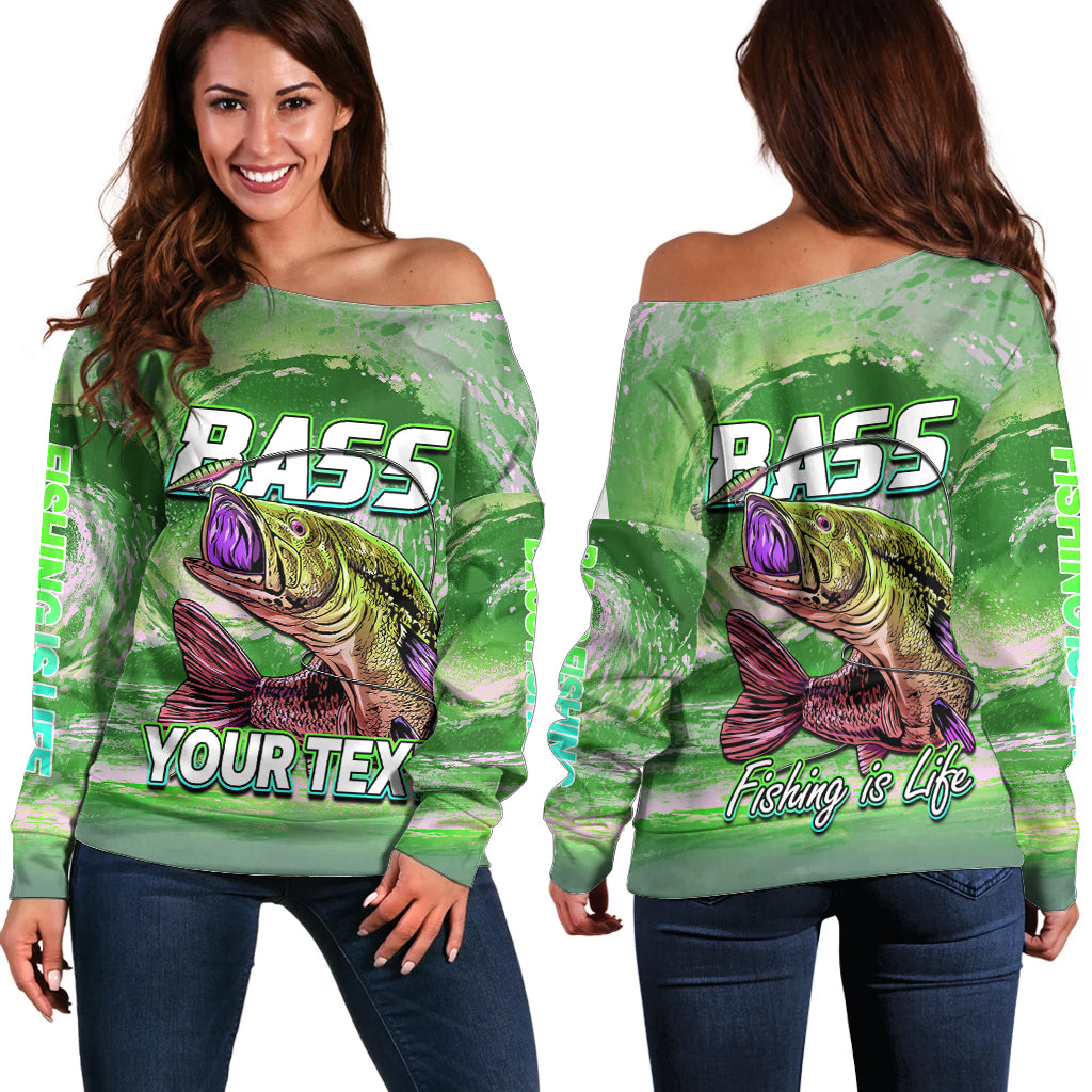 (Custom Personalised) Bass Fishing is Life Hook Sport Largemouth Green Off Shoulder Sweater - Wonder Print Shop