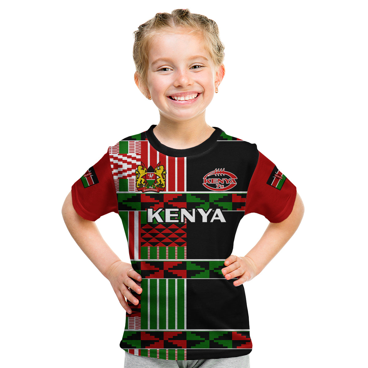 (Custom Text And Number) Kenya Rugby Sevens Kenyan Pattern Version Kid T Shirt - Wonder Print Shop