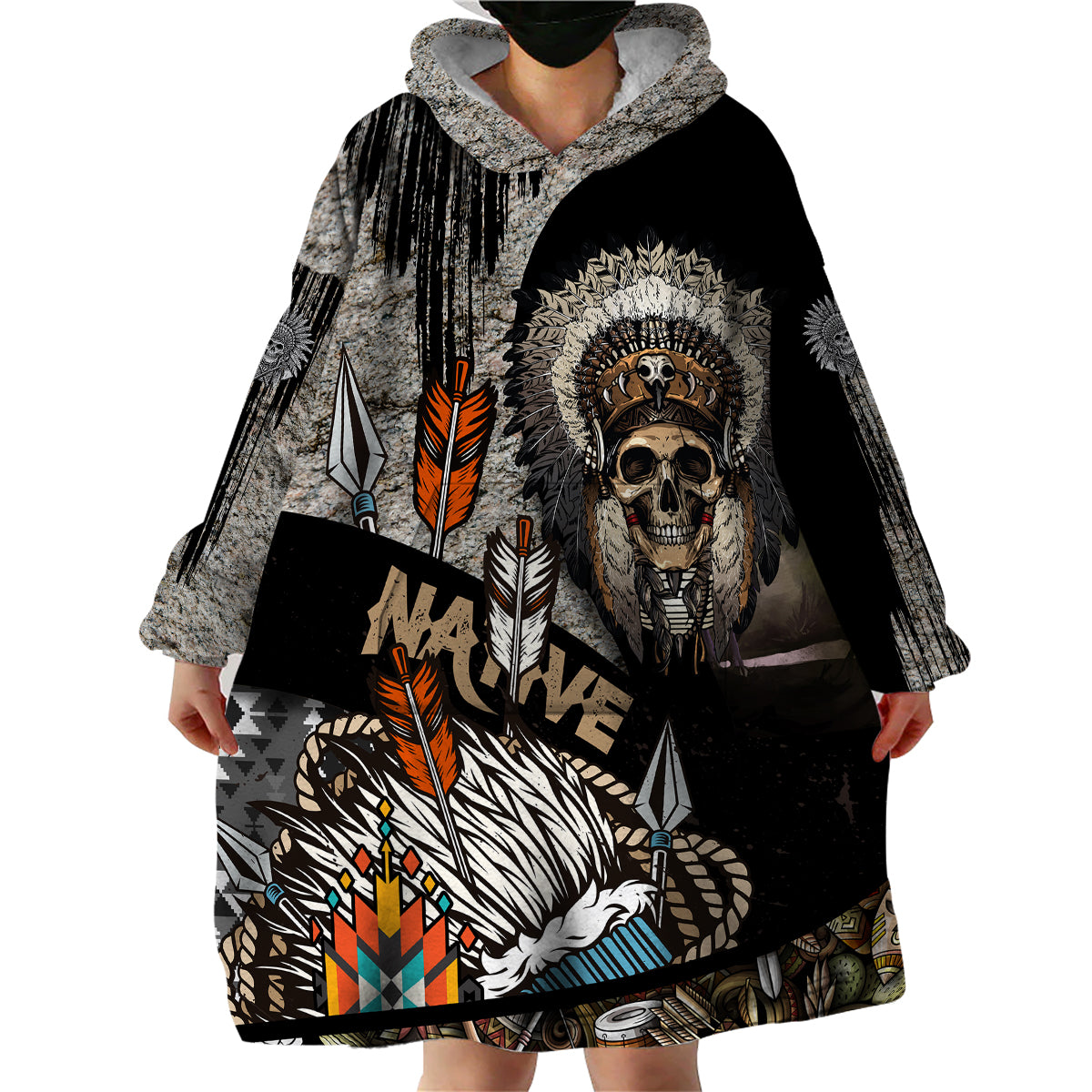 Native American Feather Headdress Abstract Grunge Pattern Wearable Blanket Hoodie - Wonder Print Shop
