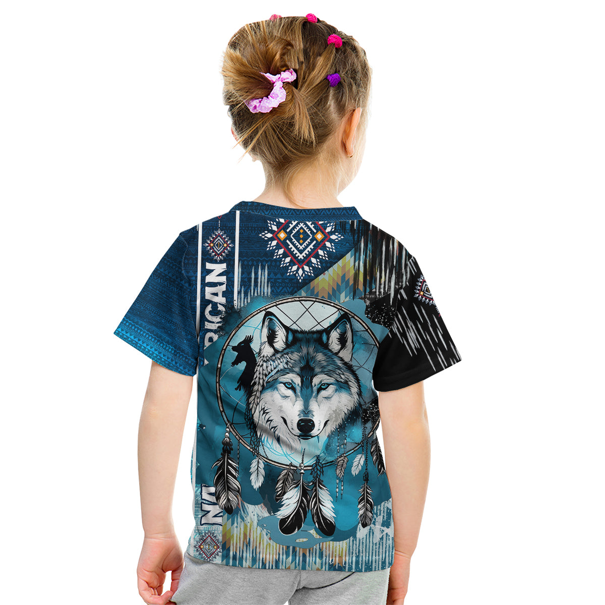 Native American Wolf Dreamcatcher Blue Kid T Shirt - Wonder Print Shop