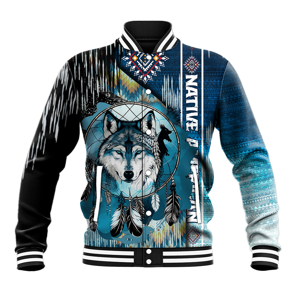 Native American Wolf Dreamcatcher Blue Baseball Jacket - Wonder Print Shop