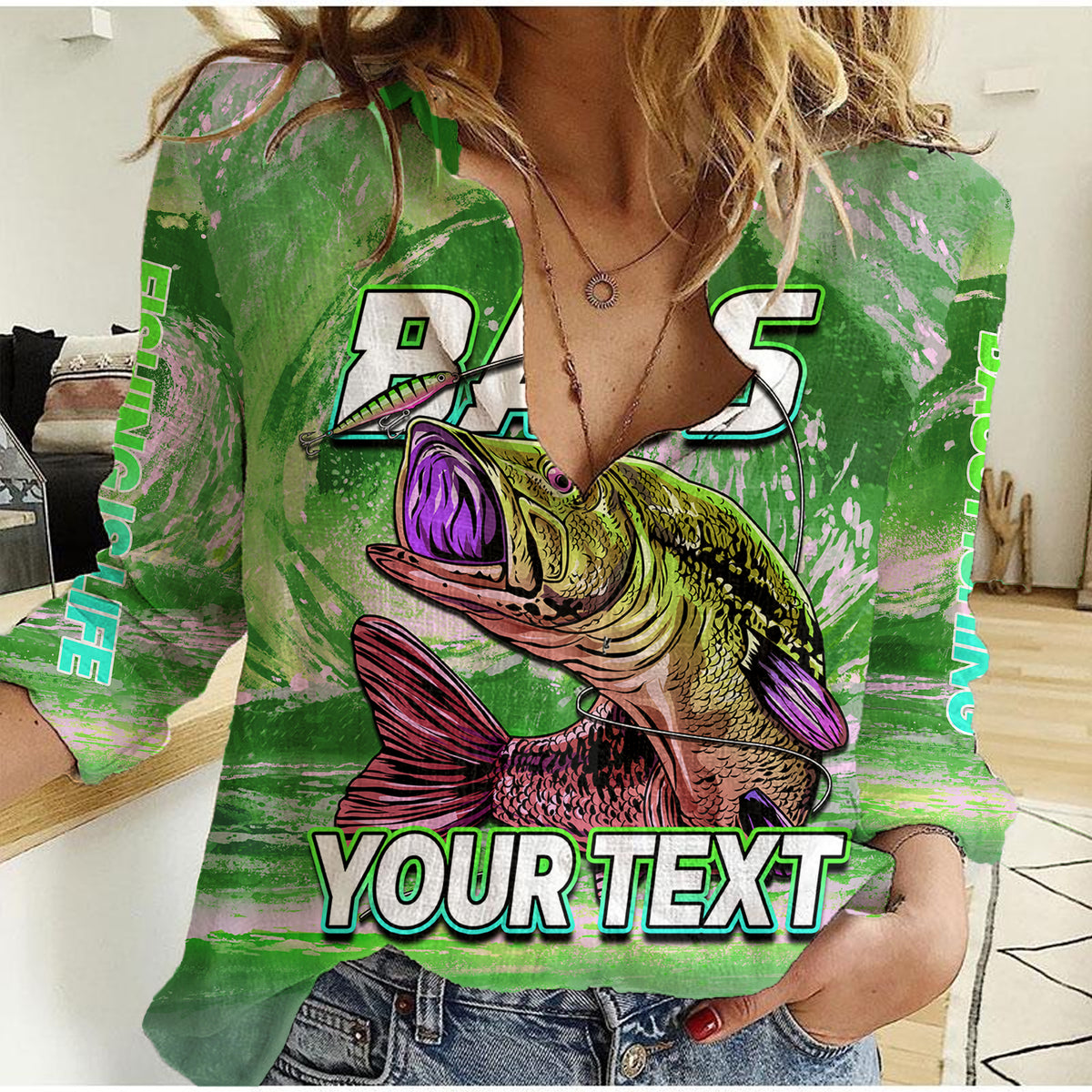(Custom Personalised) Bass Fishing is Life Hook Sport Largemouth Green Women Casual Shirt - Wonder Print Shop