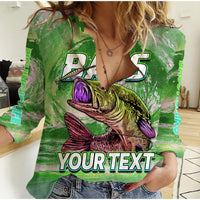 Women's green casual shirt with bass fish graphic and large 'YOUR TEXT' print