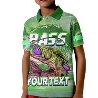 Kids green polo shirt with bass fish graphic and bold 1455 number print