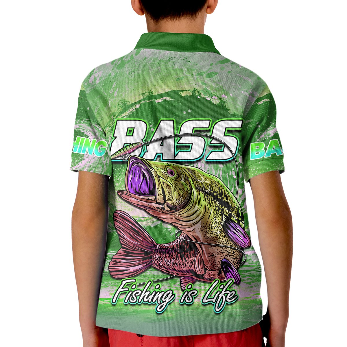 Kids green polo shirt with back bass fish graphic and Fishing is Life text