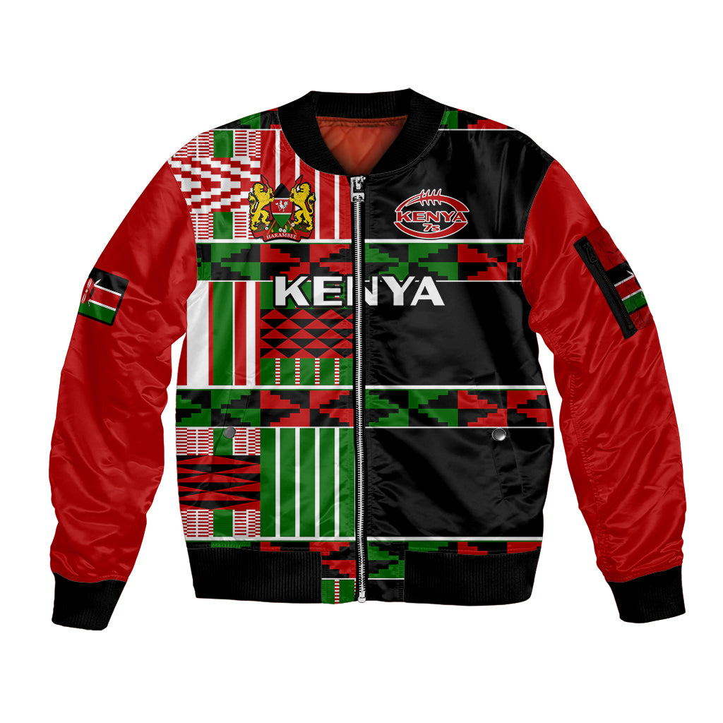 (Custom Text And Number) Kenya Rugby Sevens Kenyan Pattern Version Sleeve Zip Bomber Jacket - Wonder Print Shop