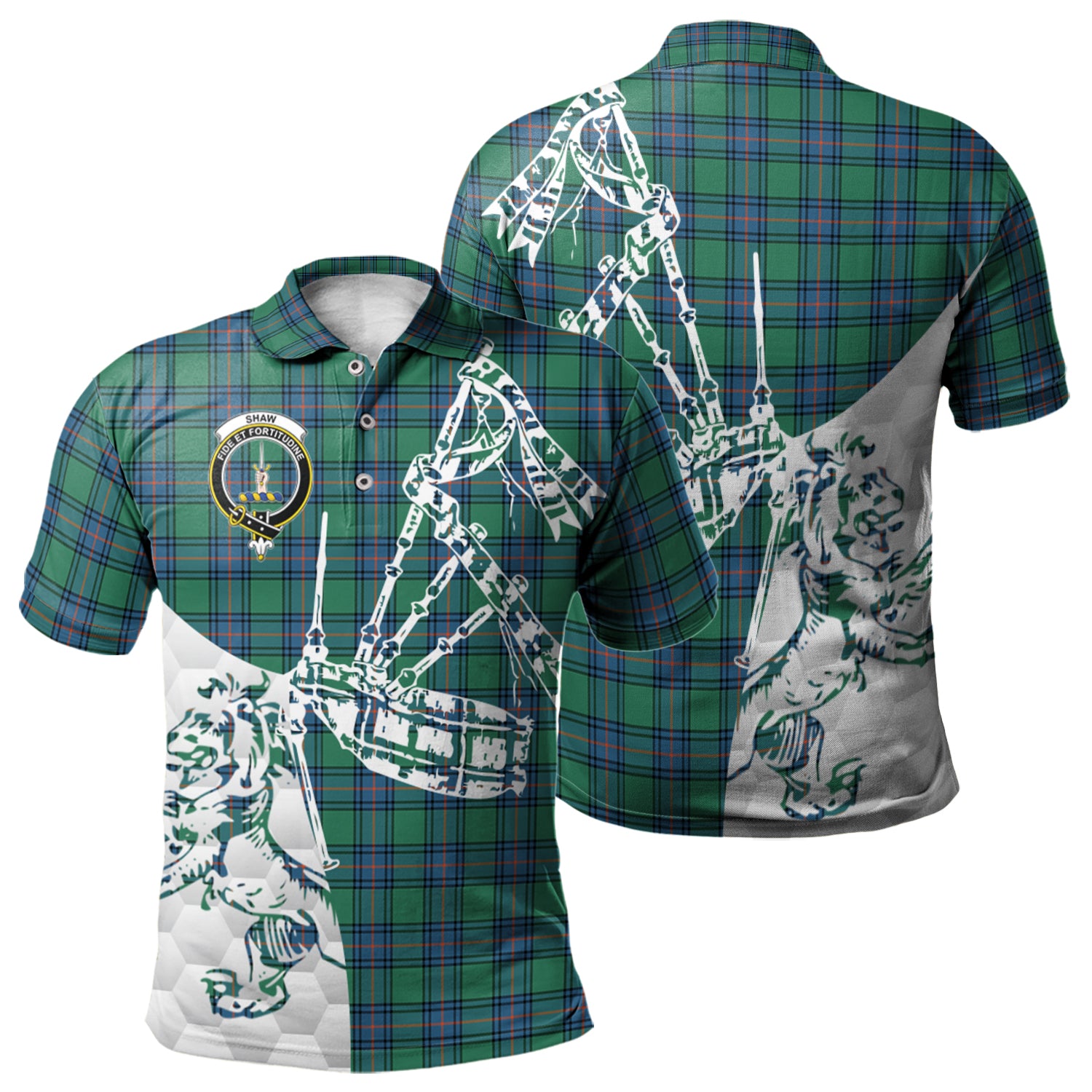 scottish-shaw-ancient-clan-crest-tartan-polo-shirt-lion-and-bagpipes-style