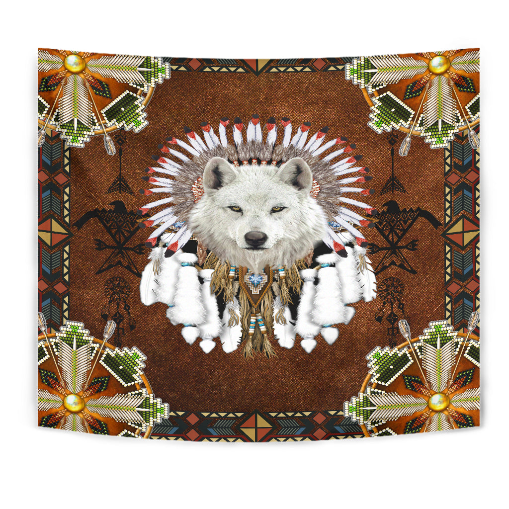 Native American White Wolf With Headress Feathers Tapestry LT10 - Wonder Print Shop