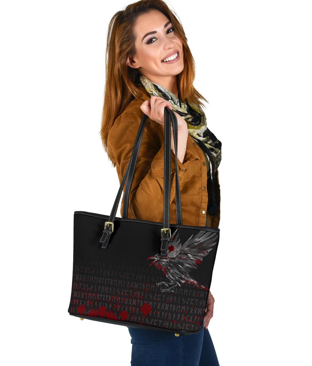 Viking Small Leather Tote Bag - The Raven Of Odin Rune Blood RLT12 - Wonder Print Shop