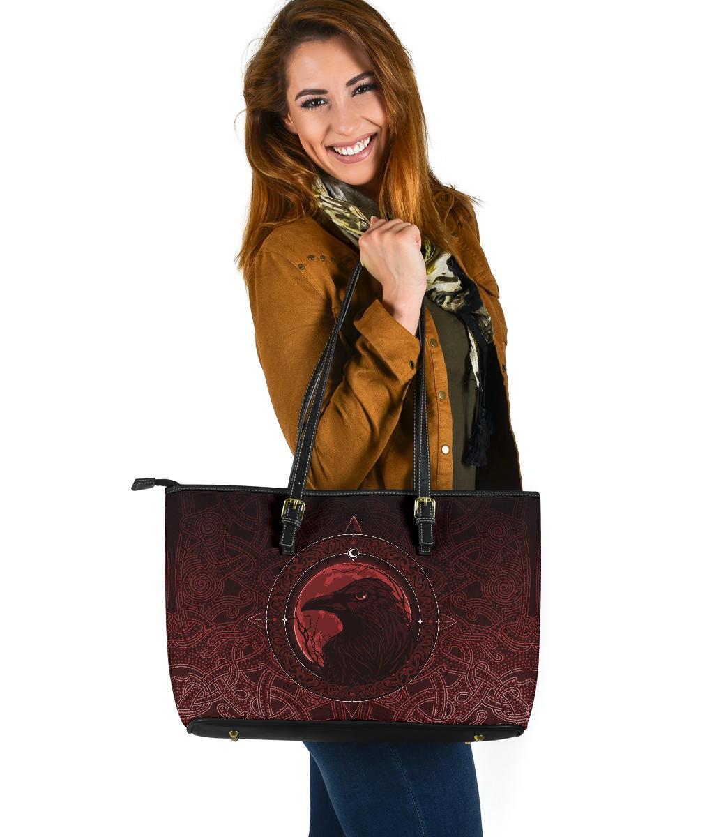 Viking Large Leather Tote Bag, Ethnic Odin Raven Red RLT12 - Wonder Print Shop