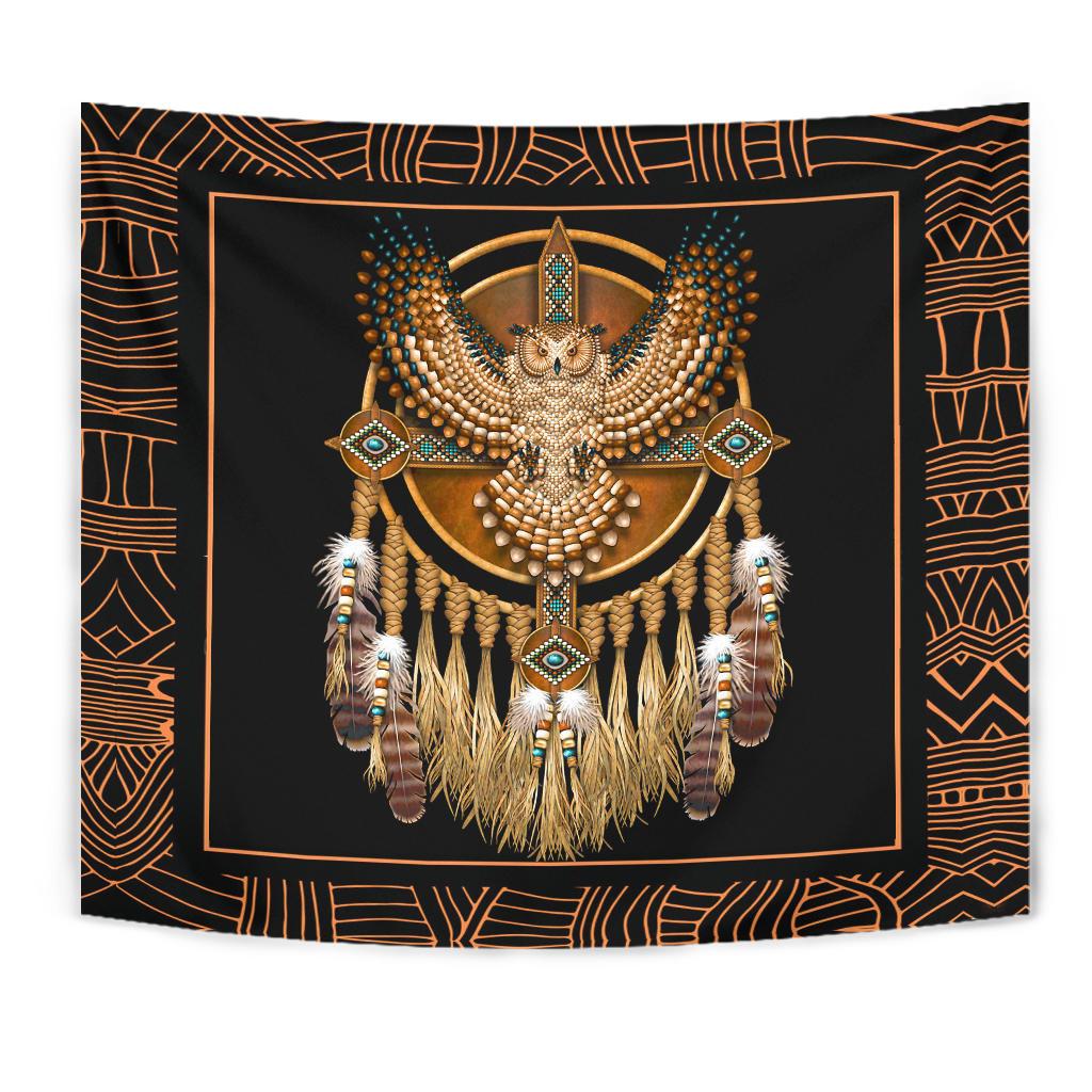 Close view dreamcatcher tapestry with golden owl, teal accents, and dangling feather strands