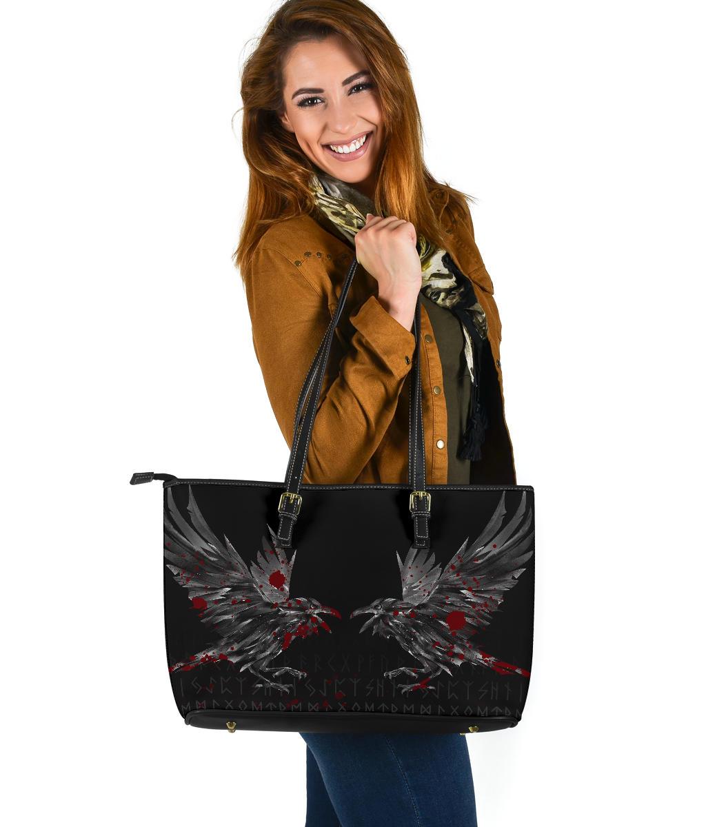 Viking Large Leather Tote Bag Odin Huginn and Muninn Rune Blood RLT12 - Wonder Print Shop
