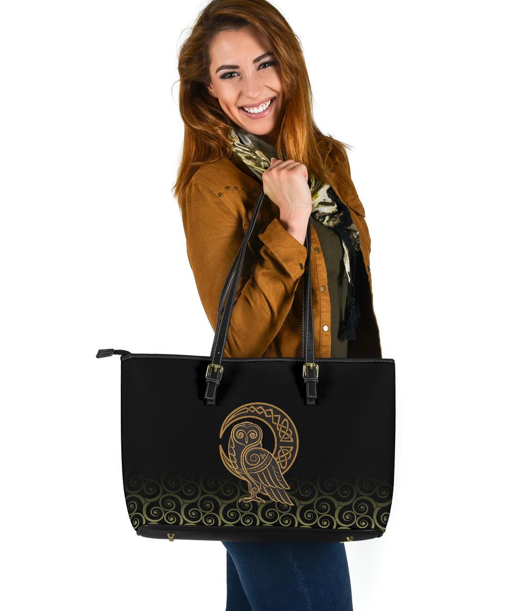 Viking Large Leather Tote Owl Celtic On Triskels Background RLT12 - Wonder Print Shop