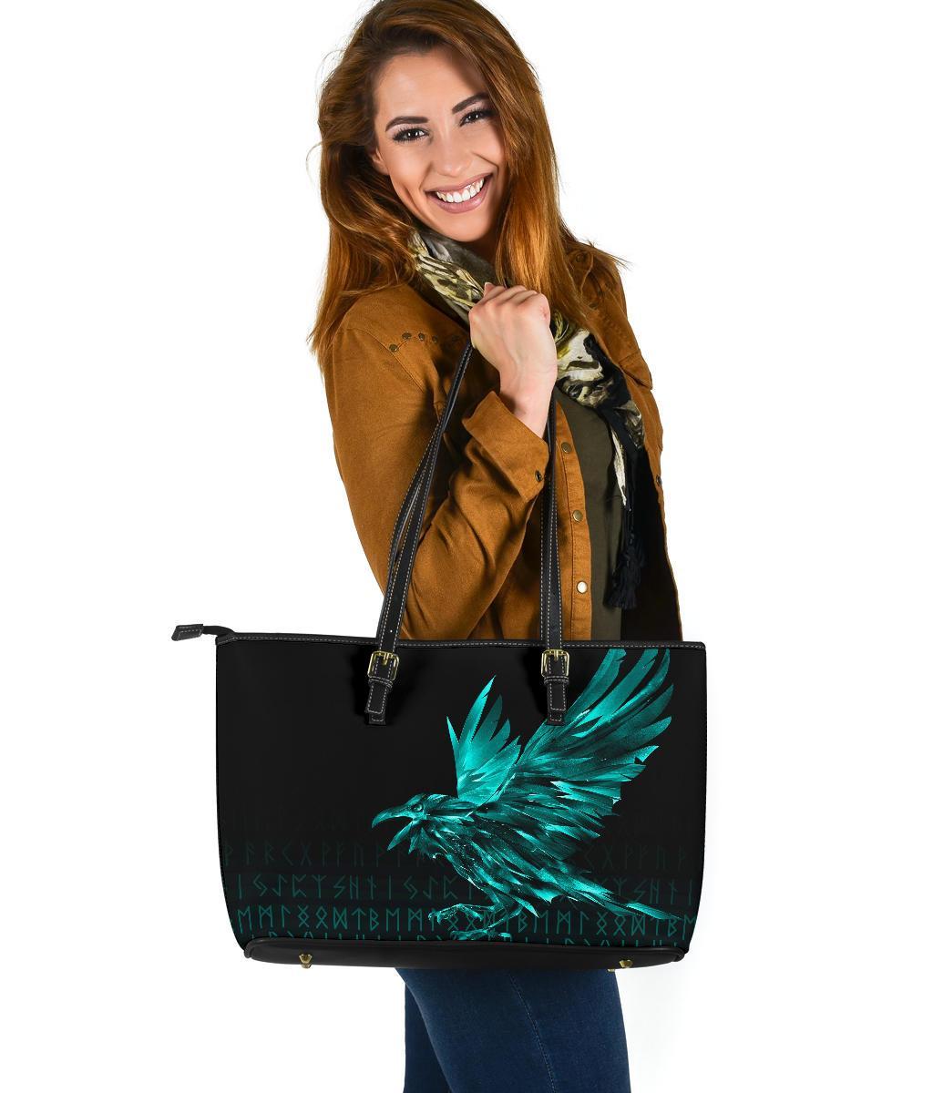 Viking Larger Leather Tote Bag The Raven Of Odin Rune Cyan RLT12 - Wonder Print Shop