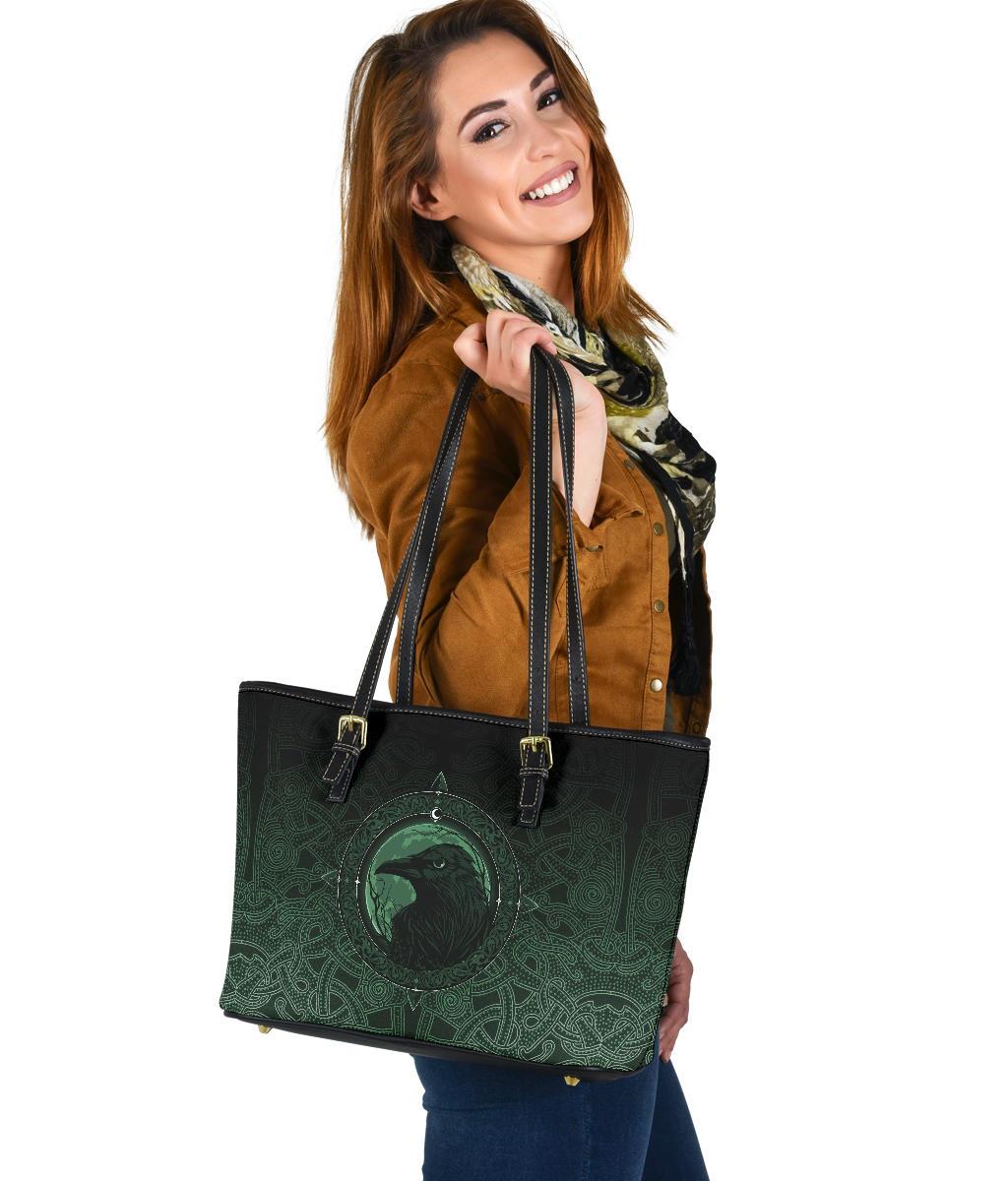 Viking Small Leather Tote Bag, Ethnic Odin Raven Green RLT12 - Wonder Print Shop