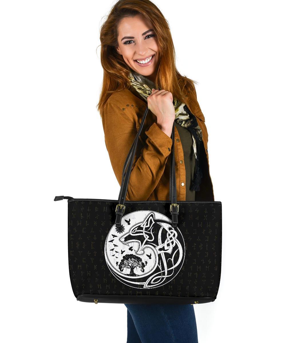 Viking Large Leather Tote Bag, Skoll and Hati Rune Tattoo RLT12 - Wonder Print Shop