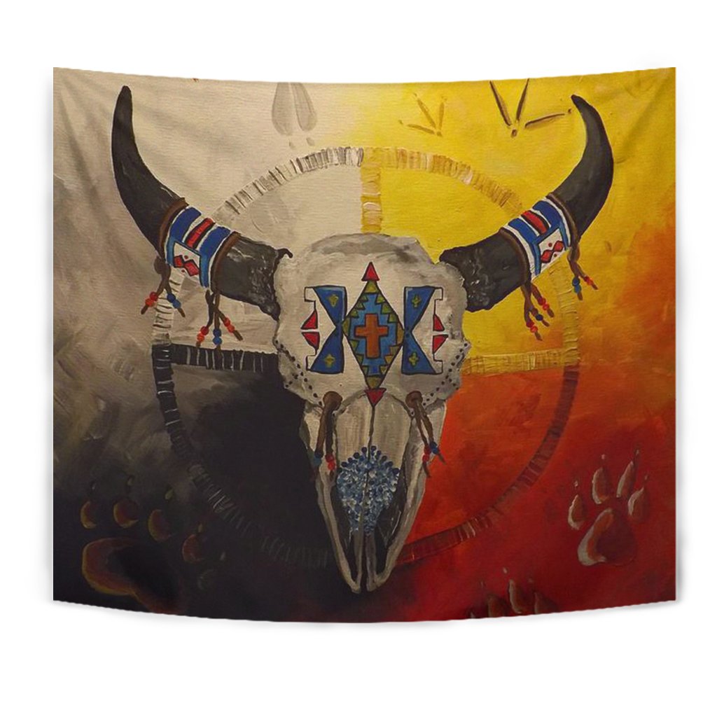 Close-up buffalo skull medicine wheels tapestry flag, multicolor graphic