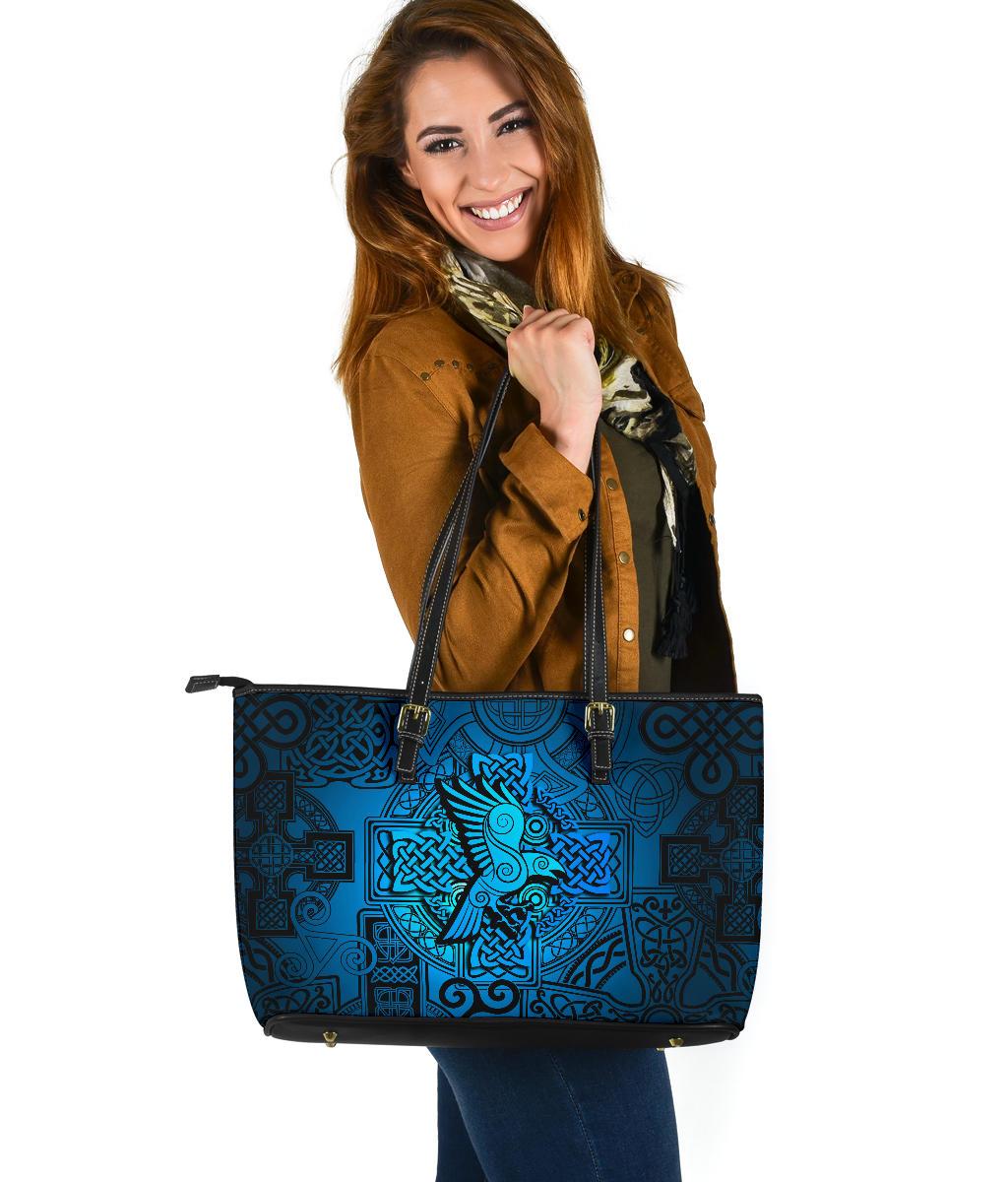 Viking Large Leather Tote Raven Odin Celtic Cyan RLT12 - Wonder Print Shop