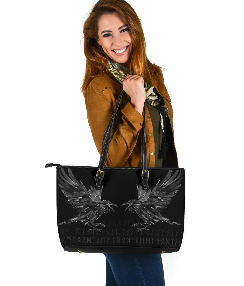 Viking Large Leather Tote Bag Odin Huginn and Muninn Rune RLT12 - Wonder Print Shop