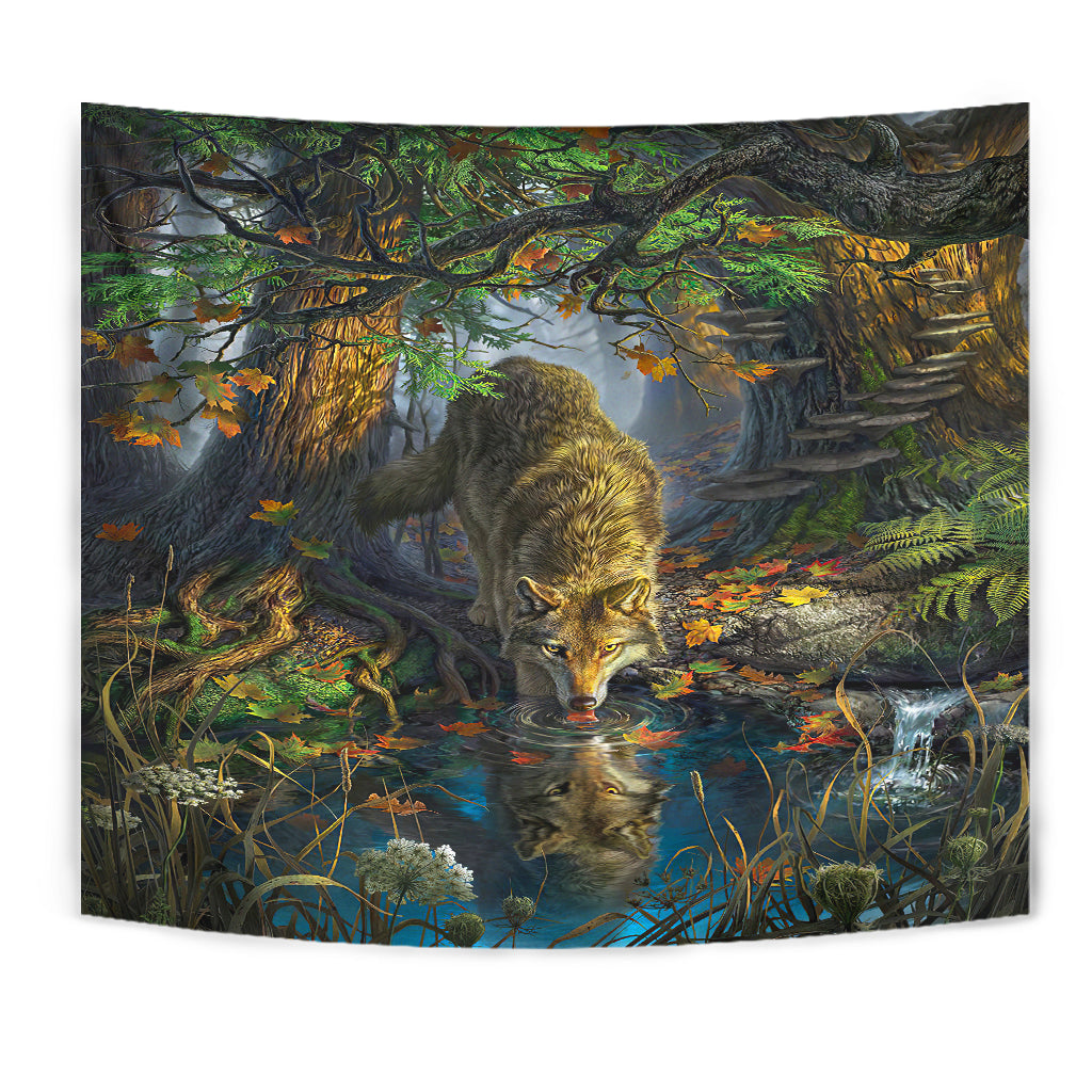Wolf By The River Native American Tapestry LT10 - Wonder Print Shop