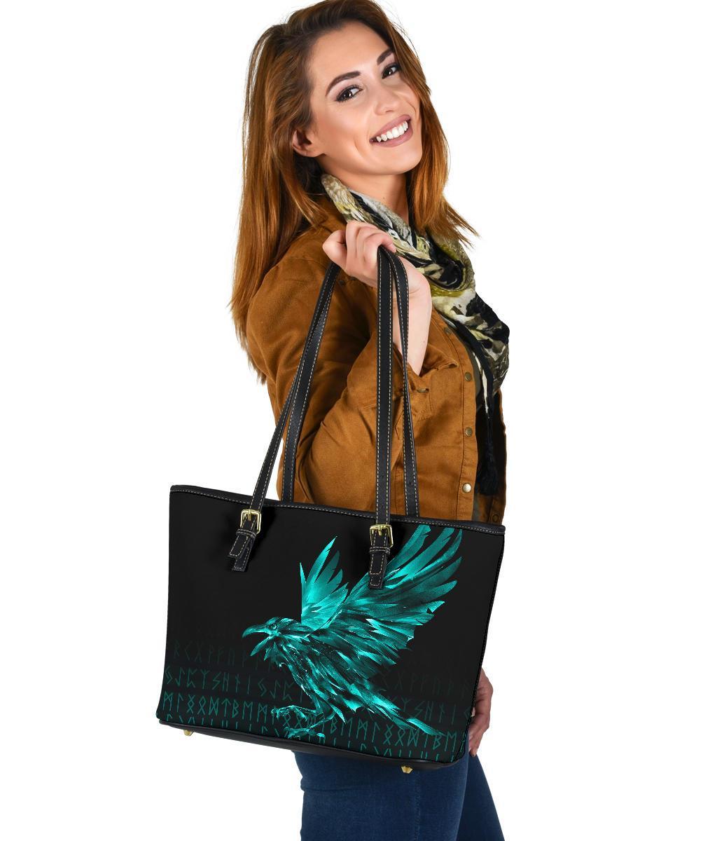 Viking Small Leather Tote Bag - The Raven Of Odin Rune Cyan RLT12 - Wonder Print Shop