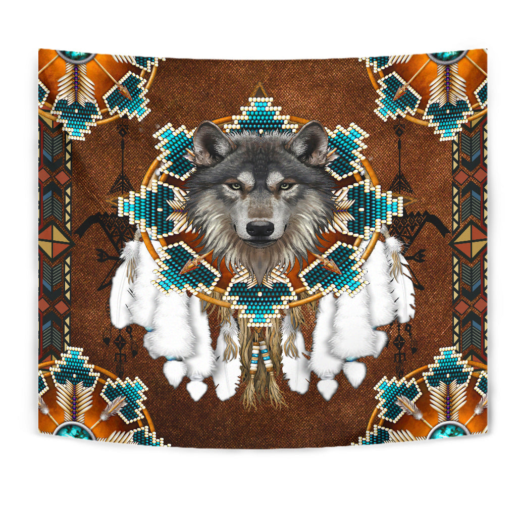 Blue Mandala Feather Wolf Native American Tapestry LT10 - Wonder Print Shop