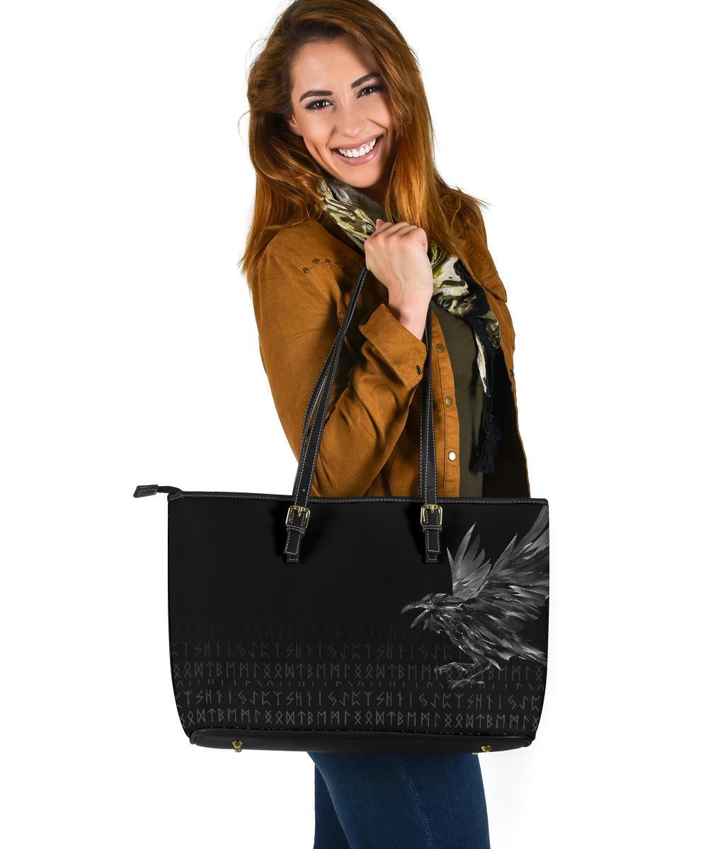 Viking Large Leather Tote Bag The Raven Of Odin Rune RLT12 - Wonder Print Shop