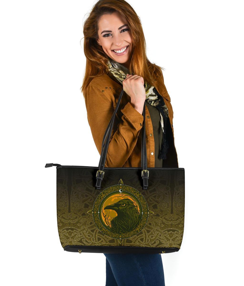 Viking Large Leather Tote Bag, Ethnic Odin Raven Gold RLT12 - Wonder Print Shop