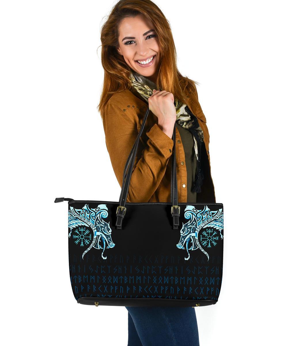 Viking Large Leather Tote, Fenrir Raven and Vegvisir Tattoo Cyan RLT12 - Wonder Print Shop