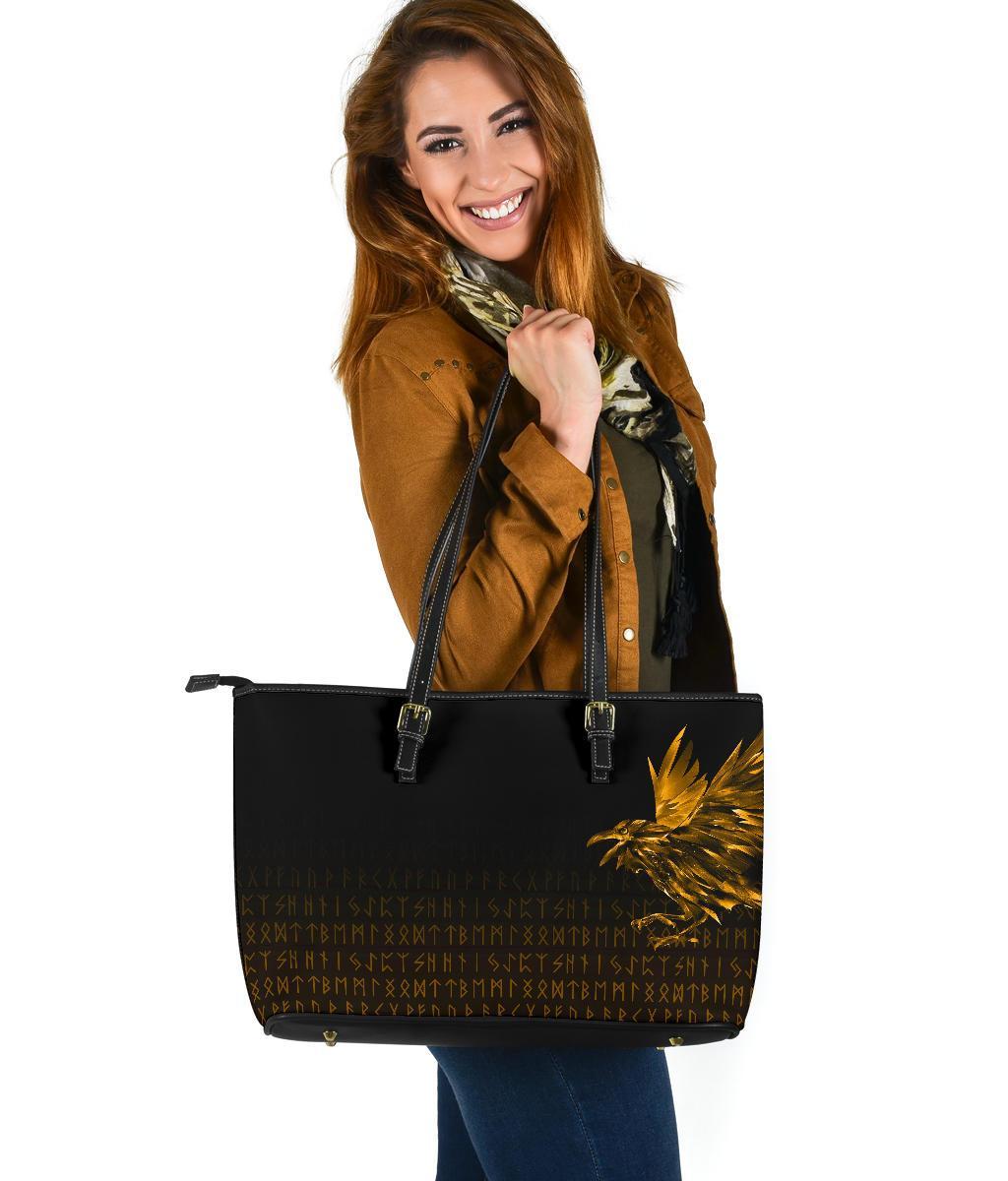 Viking Large Leather Tote Bag The Raven Of Odin Rune, Gold RLT12 - Wonder Print Shop