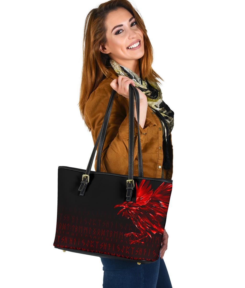 Viking Small Leather Tote Bag - The Raven Of Odin Rune, Red RLT12 - Wonder Print Shop