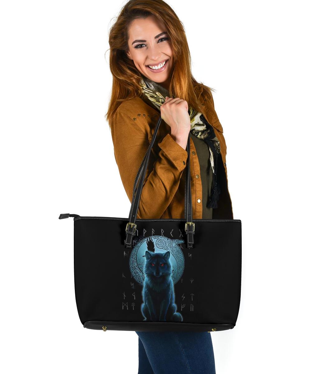 Viking Large Leather Tote Bag, Fenrir Viking Wolf and Moon RLT12 - Wonder Print Shop