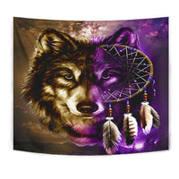 Dreamcatcher tapestry featuring a wolf face with purple dreamcatcher and hanging feathers