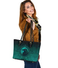 Viking Small Leather Tote Bag, Ethnic Odin Raven Cyan RLT12 - Wonder Print Shop
