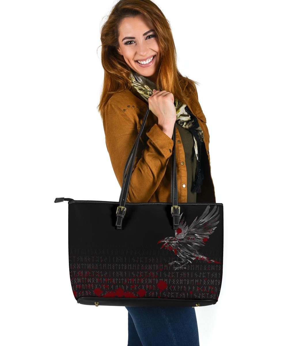 Viking Large Leather Tote Bag The Raven Of Odin Rune Blood RLT12 - Wonder Print Shop