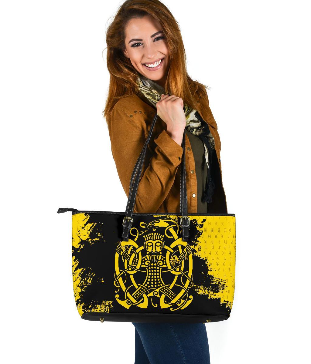 Viking Large Leather Tote Bag, Loki Bound Triskele Rune Gold RLT12 - Wonder Print Shop