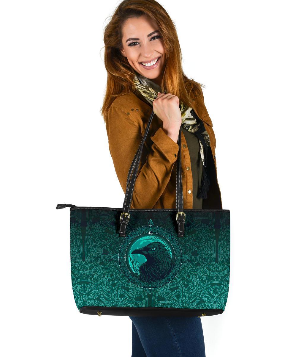 Viking Large Leather Tote Bag, Ethnic Odin Raven Cyan RLT12 - Wonder Print Shop